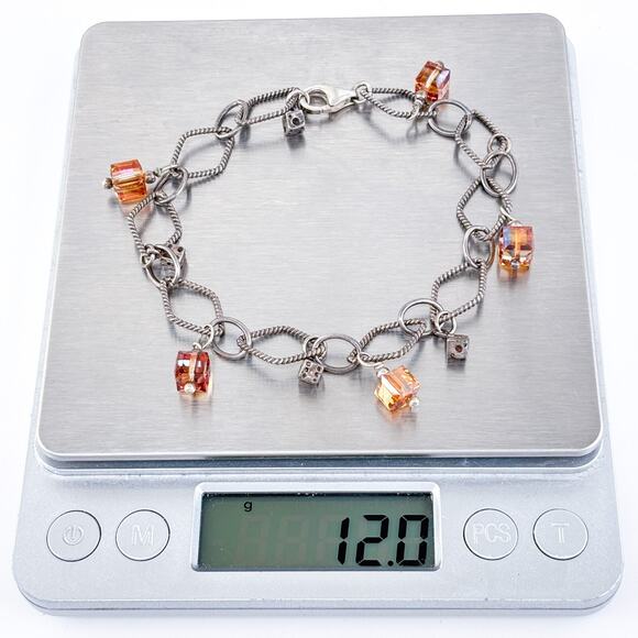 Vintage Sterling Silver 925 Orange Crystal Dice Charm Bracelet 8.5" - Picture 5 of 5